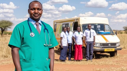 A healthcare team poses near a mobile clinic in a rural setting.
