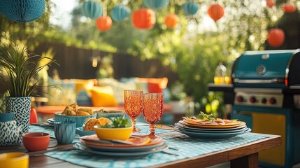A retro-themed outdoor BBQ scene with vintage grills, colorful dishes, and bold decorations