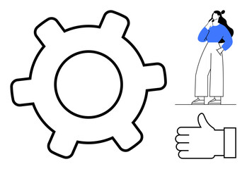 Gear, woman thinking, and thumbs-up hand gesture. Ideal for productivity, decision-making, management, technical concepts, approval teamwork innovation. Abstract line flat metaphor