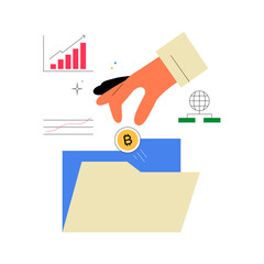 Hand Dropping Bitcoin Into Folder In Flat Vector Illustration Symbolizing Crypto Accumulation And Financial Storage, Isolated On White Background