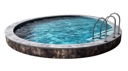 Oval swimming pool with concrete deck and metal ladder isolated on a white transparent background