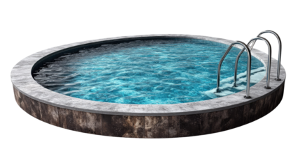 Oval swimming pool with concrete deck and metal ladder isolated on a white transparent background