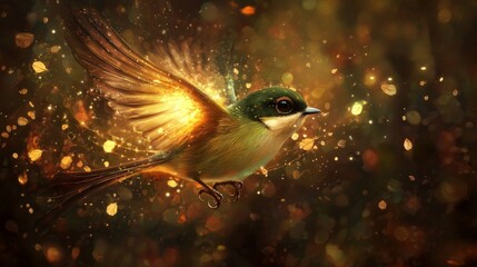 Magical Golden Bird in Flight Fantasy Nature Sparkling Wings Autumn Leaves