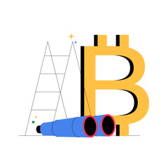 Bitcoin Symbol With Telescope And Ladder In Flat Vector Illustration Symbolizing Cryptocurrency Observation, Financial Exploration, And Digital Economy, Isolated On White Background.