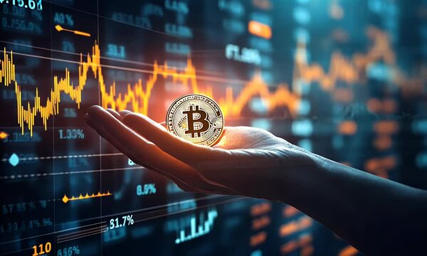Hand holding Bitcoin, crypto market graph background, financial investment