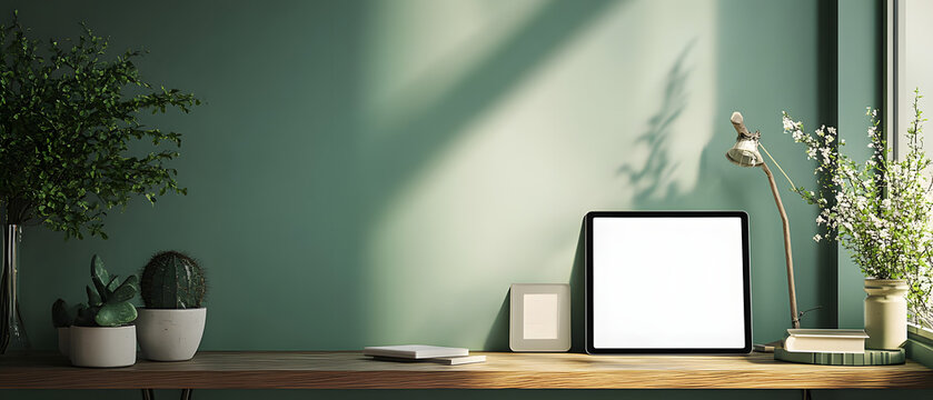 A digital tablet with a white screen mockup and decor on a table against a green wall in a room.