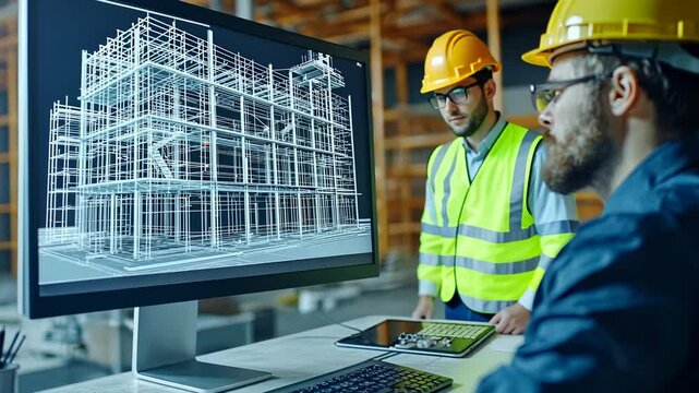 Architects Reviewing Building Blueprint on Computer, engineers, construction, design, plan, screen
