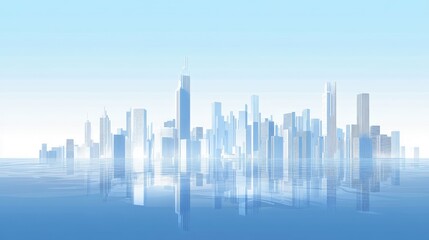 Minimalistic Futuristic City Skyline Vector Illustration with Blue and White Color Scheme, Reflective Water Surface, and Modern Architecture