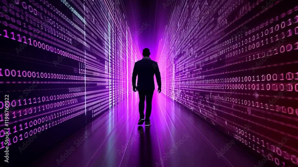 Poster person navigates through digital tunnel with binary code, embarking journey into virtual world vibra