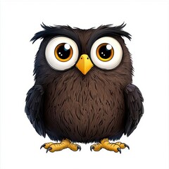 Fototapeta premium A photostock of a cartoon owl with big eyes and fluffy brown feathers, isolated on a clean white background, wise and charming, High Quality