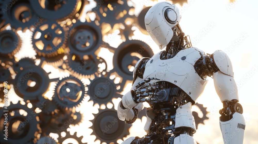 Poster advanced robotic technology futuristic white robot with complex gear background