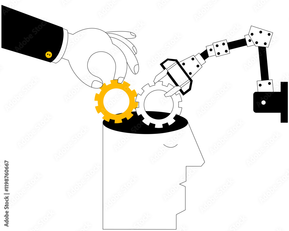 Poster human hand and robot hand insert information into artificial intelligence. ai training. the topic of