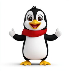Fototapeta premium A photostock of a cartoon penguin wearing a red scarf and standing confidently, isolated on a clean white background, cute and cheerful, High Quality