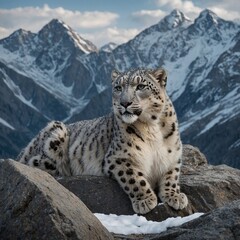 Fototapeta premium A snow leopard perched on a rocky cliff overlooking snow-capped mountains. A snow leopard perched on a rocky ledge with snow-capped mountains in the background.