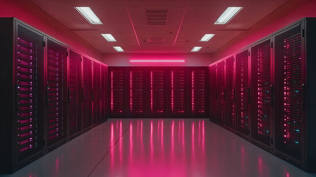 secure server room with advanced technology, illuminated in pink light, showcasing rows of servers and high tech equipment. atmosphere conveys sense of security and innovation
