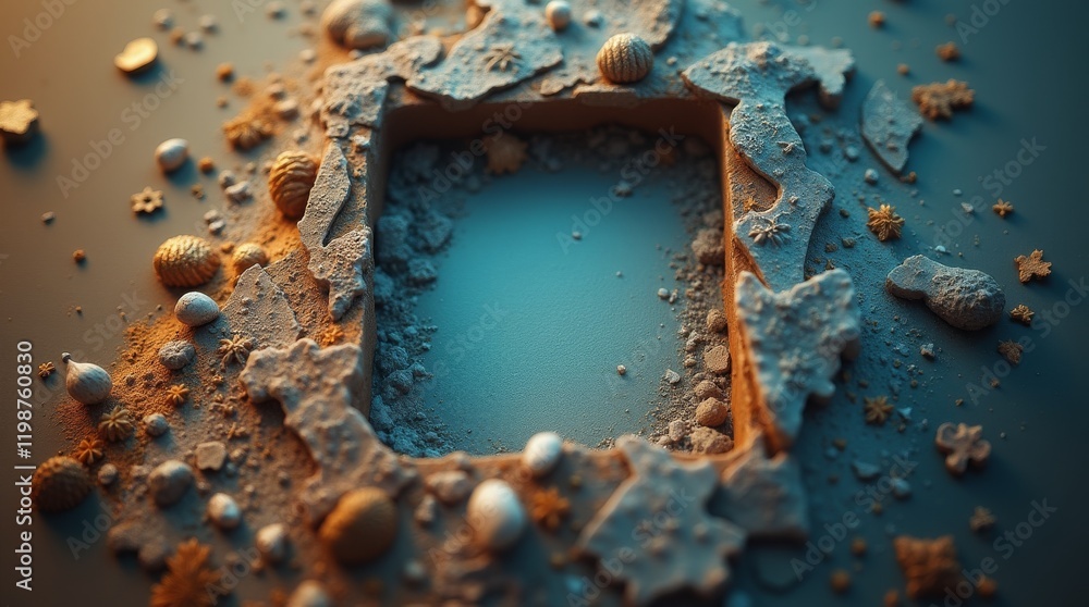 Poster textured frame surrounded by seashells and sand, creating a coastal and inviting scene