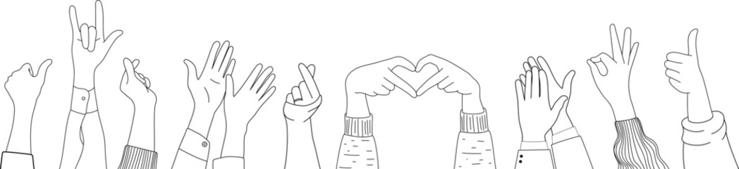 Doodle sketch hands up gestures comic icons silhouettes vector set. Group of line art fun comic hands in the air. Voting or happy congratulation audience recognition symbols.