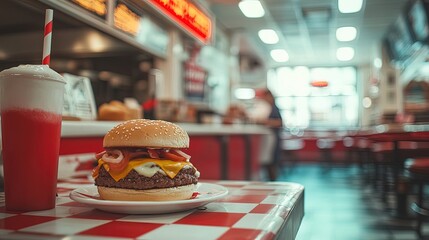 A nostalgic 1950s diner menu board with bold typography, surrounded by iconic dishes like burgers and milkshakes