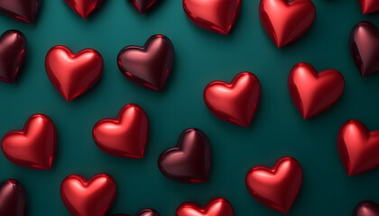 Fototapeta premium Colorful shiny hearts scattered on a teal background for romantic decorations 