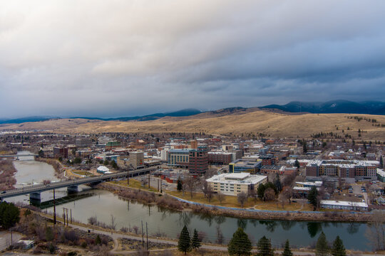 Aerial view of Missoula, Montana in December
