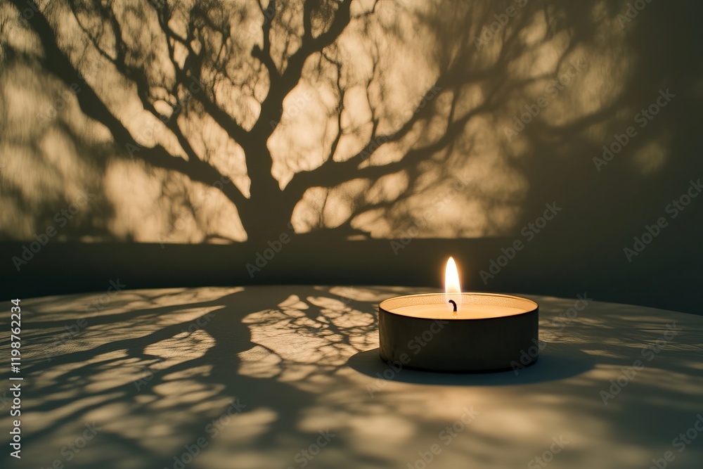Poster a single candle casting intricate tree shadows on a wall, creating a peaceful and calming atmosphere