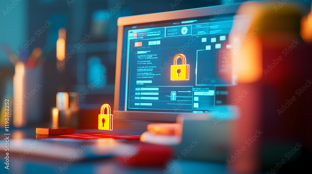 Poster a computer screen displays security graphics, highlighting digital locks and cybersecurity interface