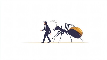Businessman Walks Alongside Giant Ant: A Visual Metaphor Exploring Scale, Power, and the Natural World