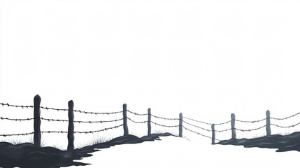 Fototapeta premium Barbed Wire Fence in a Desolate Landscape: A Captivating Depiction of Isolation and Emptiness in Nature's Embrace