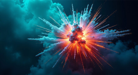 Fototapeta premium Powerful explosion, with a fiery orange core and a swirling cloud of vibrant colors