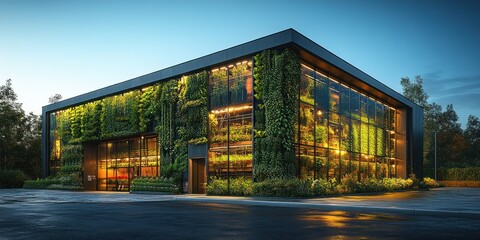 Fototapeta premium Modern Green Architecture: Night View of a Lush Vertical Garden Building