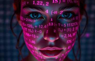 Face with vibrant neon mathematical projections against a dark, patterned background