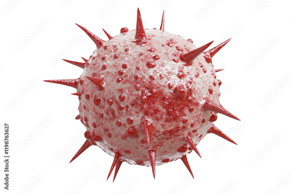 Poster close-up of detailed virus structure with spikes and surface texture
