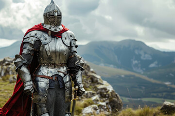 Fototapeta premium Fantastic beautiful royal knight in iron armor guards castle chambers, abstract vivid composition consists of fictional unreal fantastic vision on background