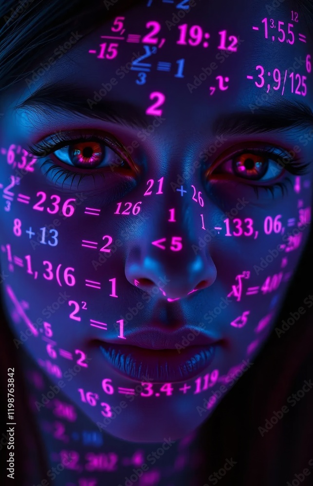 Poster face illuminated with mathematical formulas in vibrant neon light on dark background