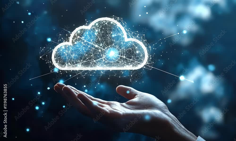 Aufkleber hand holding digital cloud; network data; abstract background; technology concept