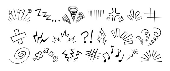 Manga or anime comic emoticon element graphic effects hand drawn doodle vector illustration set isolated on white background. Line style manga doodle line expression scribble anime mark collection.