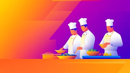 Obraz premium Three chefs preparing food in a vibrant kitchen setting.