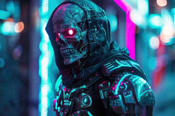 Scary grim reaper with sharp scythe in hell with dark dramatic color, abstract vivid composition consists of fictional unreal fantastic vision on background
