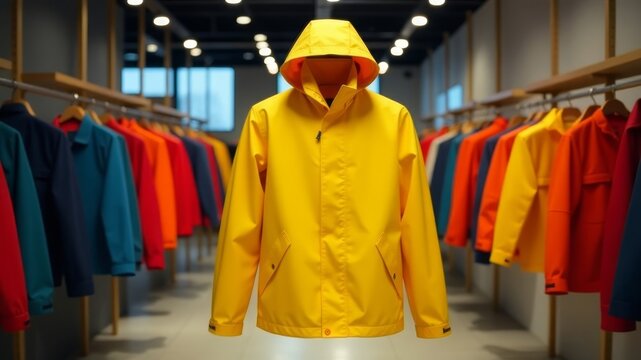 yellow jacket in a store among other clothes.
