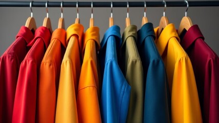 multi-colored jackets on a hanger in a store
