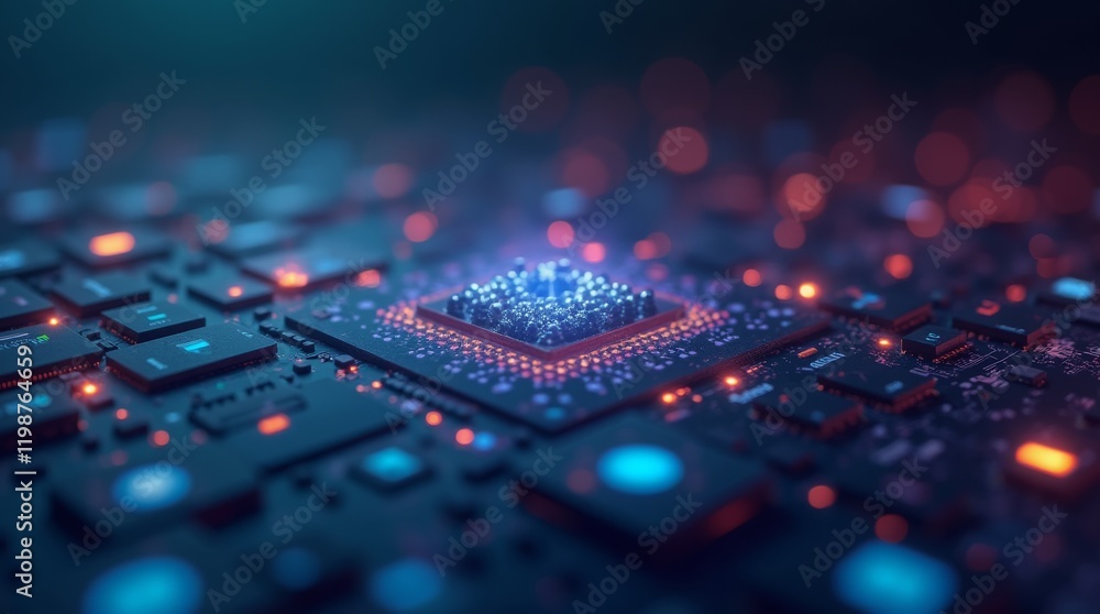 Poster advanced glowing microchip on a colorful digital circuit board background