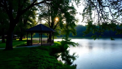Fototapeta premium a gazebo sits on the bank of a lake