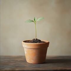 A small green plant seedling growing in a terracotta pot, placed on a wooden table with a neutral background.