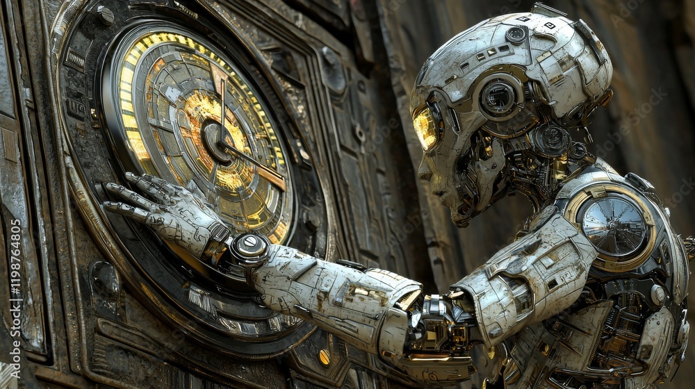 Poster futuristic robot interacting with ancient clockwork mechanism sci fi cyberpunk time travel concept