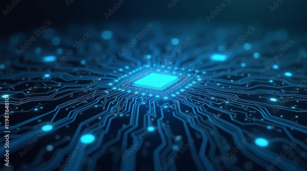 Poster blue microchip glowing on a complex digital circuit board background