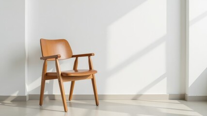 wooden chair stands in room on white background with sun glare.