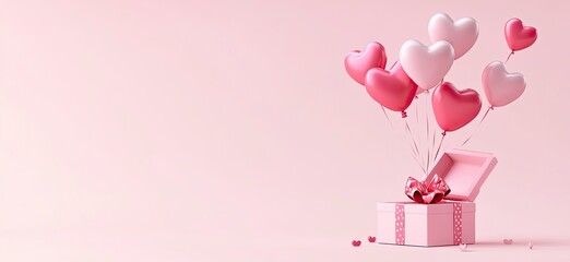 Fototapeta premium 3D rendering Valentine's Day banner template with an open gift box and heart-shaped balloons on a pink background. 