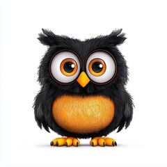 Fototapeta premium A photostock of a fluffy cartoon owl with big round eyes sitting upright, isolated on a clean white background, cute and animated, High Quality