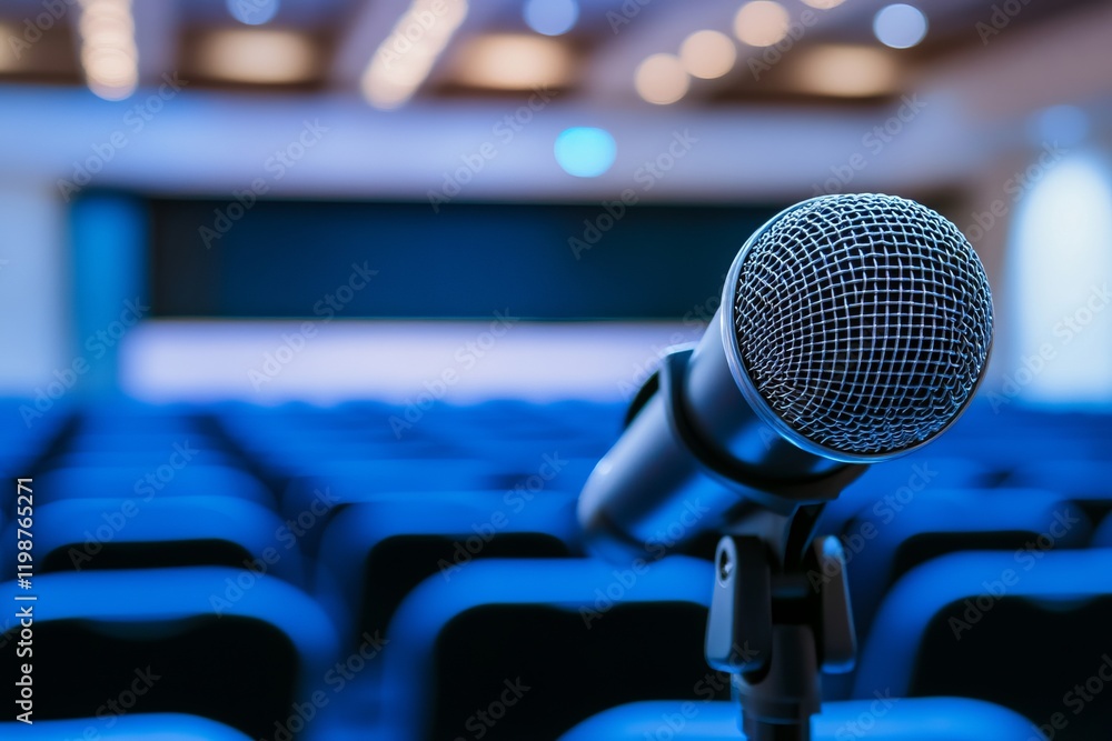 Poster a microphone is on a stand in front of a blue background. there are many chairs in the background