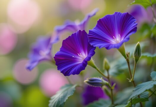 A close-up image showcases two vibrant purple morning glories in full bloom, their delicate petals accentuated by a soft-focus background.